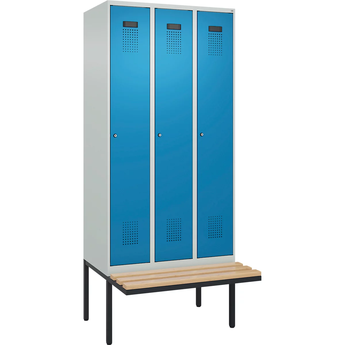 Vestiaire C+P Evolo Plus, 3 compartiments de 300 mm de large, banquette flottante, L 900 x P 815 x H 2120 mm, cylindre, gris clair/bleu clair
