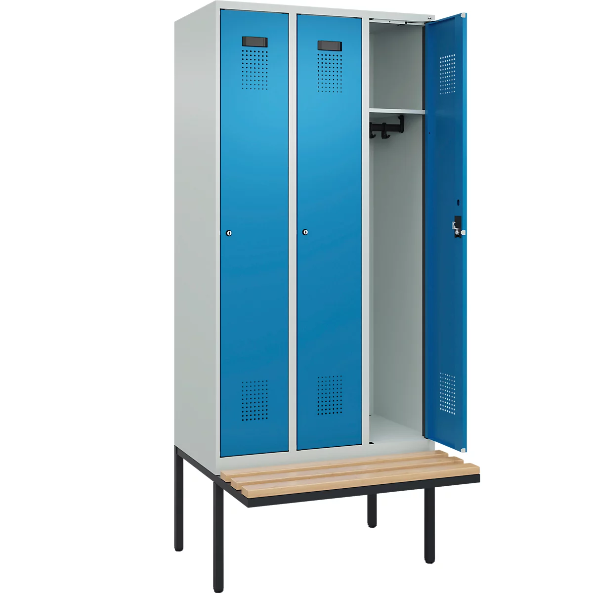 Vestiaire C+P Evolo Plus, 3 compartiments de 300 mm de large, banquette flottante, L 900 x P 815 x H 2120 mm, cylindre, gris clair/bleu clair