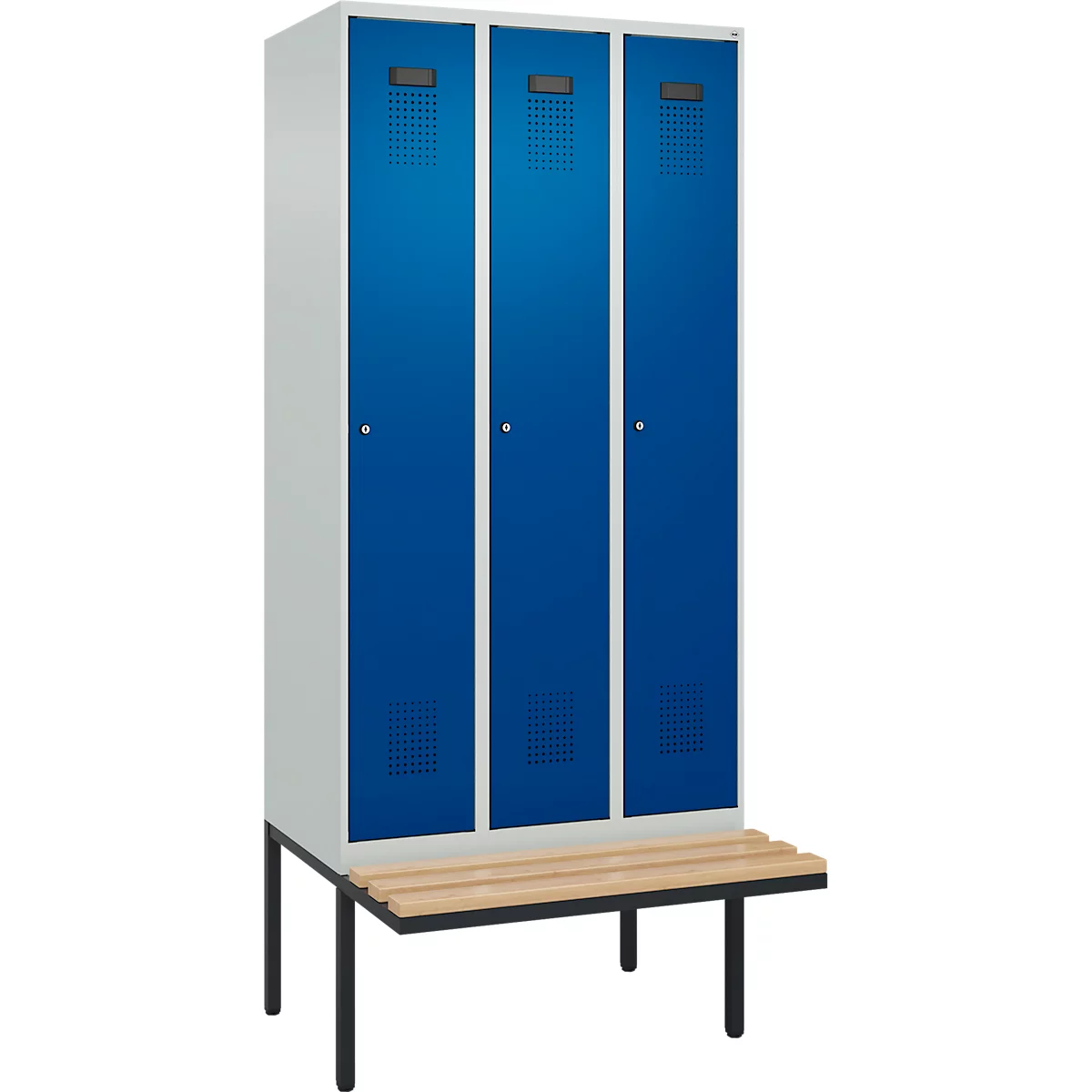 Vestiaire C+P Evolo Plus, 3 compartiments de 300 mm de large, banquette flottante, L 900 x P 815 x H 2120 mm, cylindre, gris clair/bleu gentiane