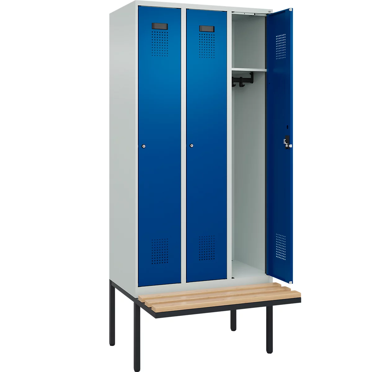 Vestiaire C+P Evolo Plus, 3 compartiments de 300 mm de large, banquette flottante, L 900 x P 815 x H 2120 mm, cylindre, gris clair/bleu gentiane