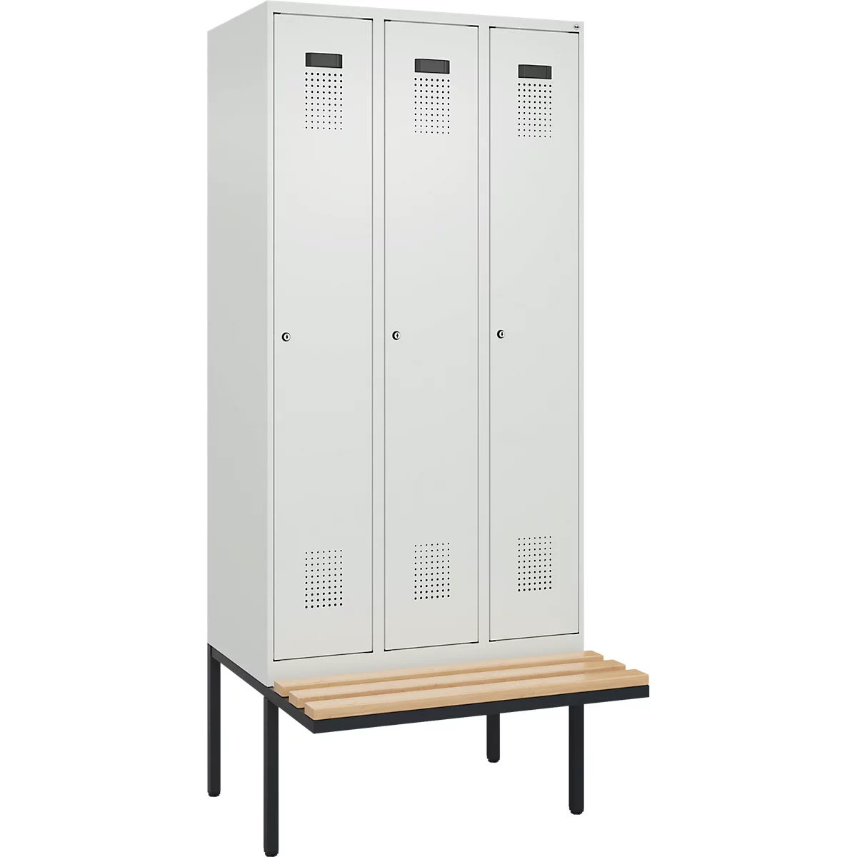 Vestiaire C+P Evolo Plus, 3 compartiments de 300 mm de large, banquette flottante, L 900 x P 815 x H 2120 mm, cylindre, gris clair/gris clair