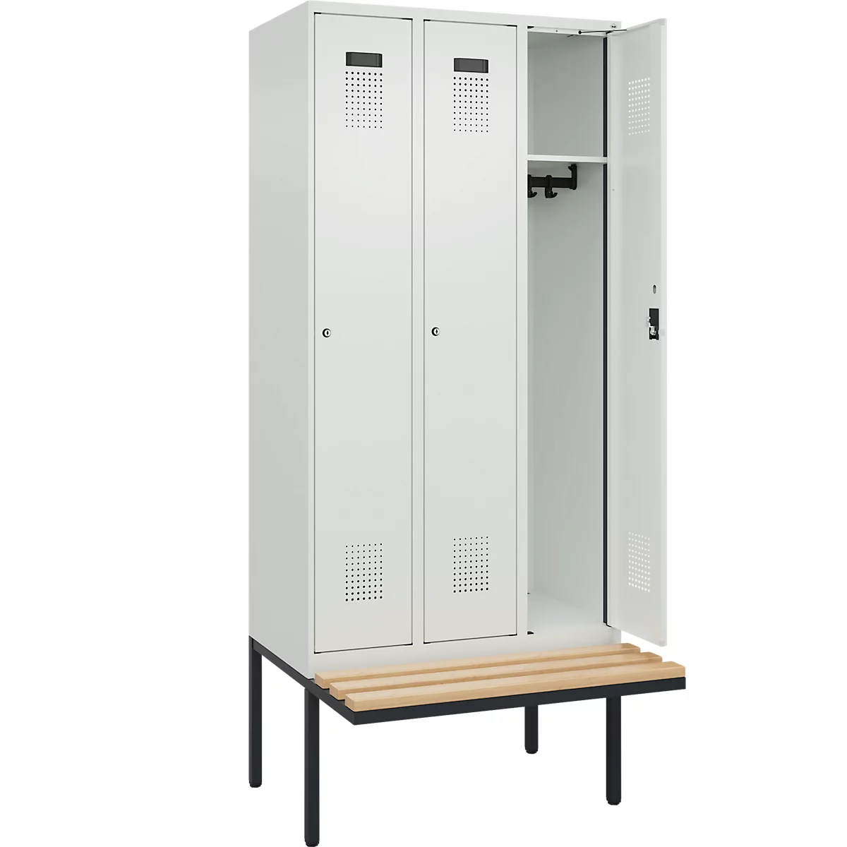 Vestiaire C+P Evolo Plus, 3 compartiments de 300 mm de large, banquette flottante, L 900 x P 815 x H 2120 mm, cylindre, gris clair/gris clair
