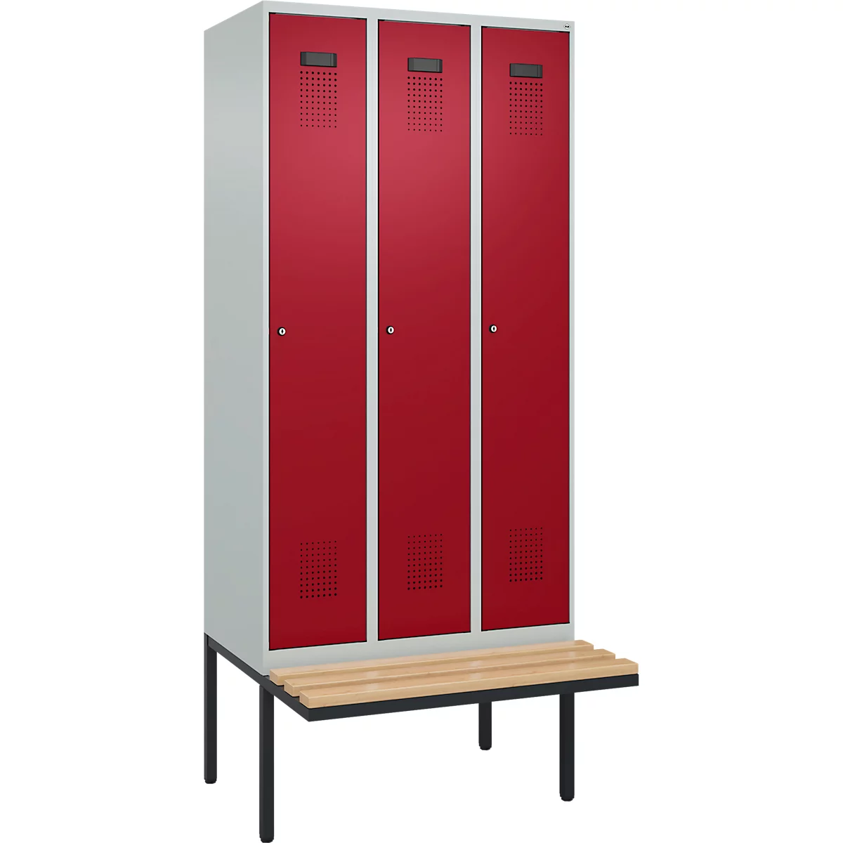 Vestiaire C+P Evolo Plus, 3 compartiments de 300 mm de large, banquette flottante, L 900 x P 815 x H 2120 mm, cylindre, gris clair/rouge rubis