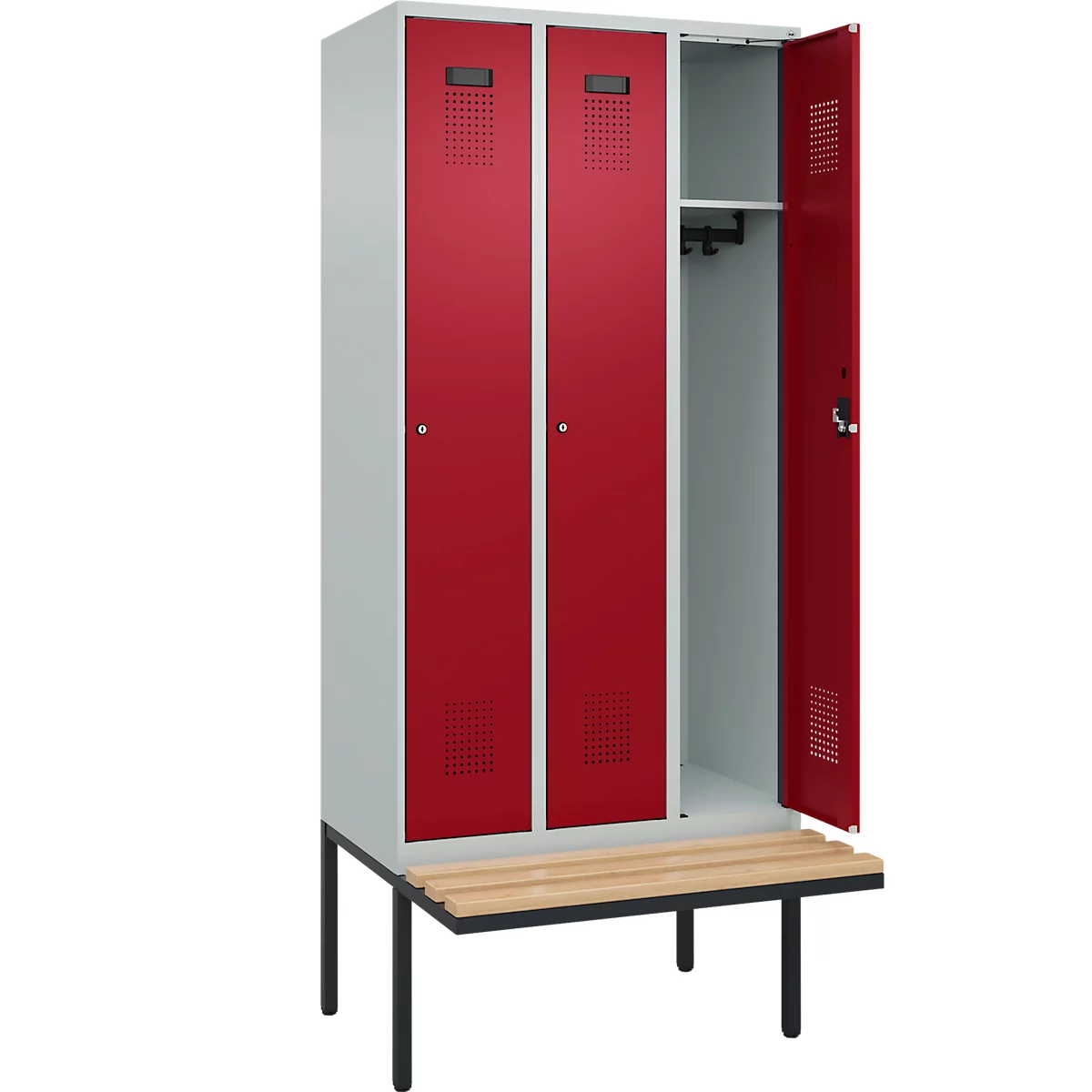 Vestiaire C+P Evolo Plus, 3 compartiments de 300 mm de large, banquette flottante, L 900 x P 815 x H 2120 mm, cylindre, gris clair/rouge rubis