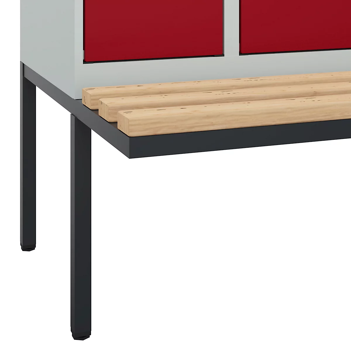 Vestiaire C+P Evolo Plus, 3 compartiments de 300 mm de large, banquette flottante, L 900 x P 815 x H 2120 mm, cylindre, gris clair/rouge rubis