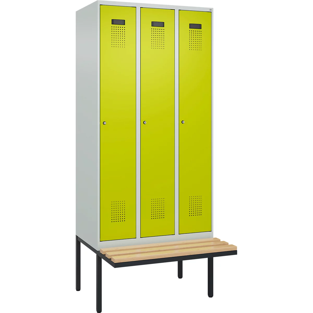 Vestiaire C+P Evolo Plus, 3 compartiments de 300 mm de large, banquette flottante, L 900 x P 815 x H 2120 mm, cylindre, gris clair/vert clown