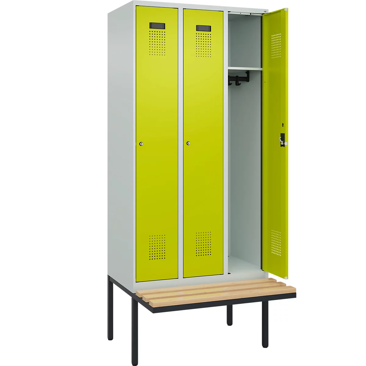 Vestiaire C+P Evolo Plus, 3 compartiments de 300 mm de large, banquette flottante, L 900 x P 815 x H 2120 mm, cylindre, gris clair/vert clown