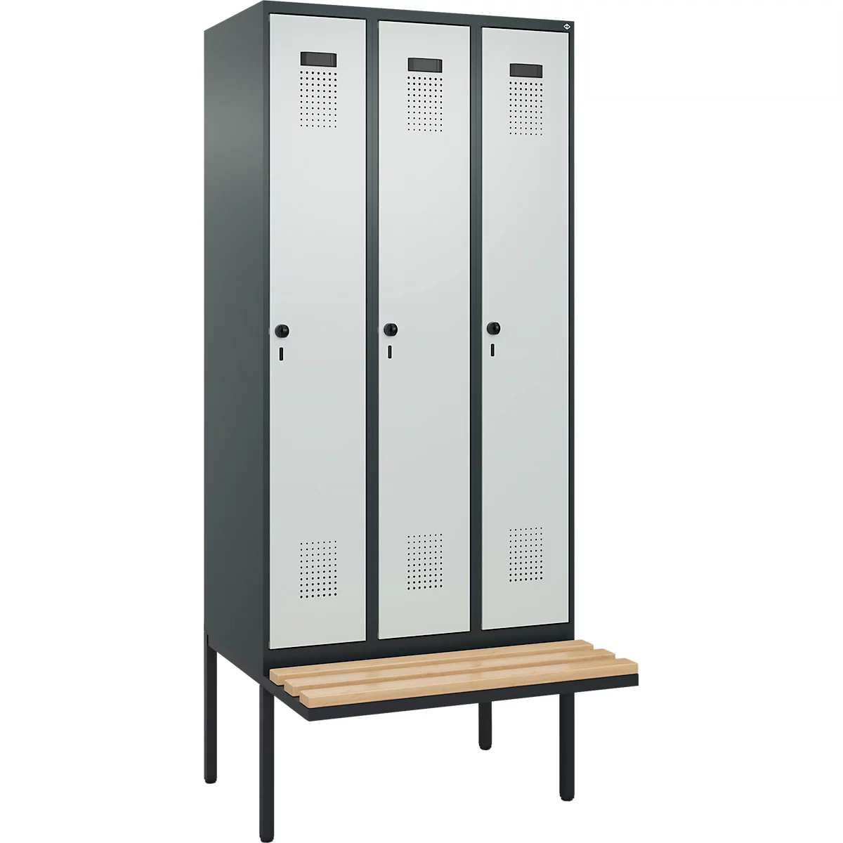 Vestiaire C+P Evolo Plus, 3 compartiments de 300 mm de large, banquette flottante, L 900 x P 815 x H 2120 mm, loquet rotatif, anthracite/gris clair