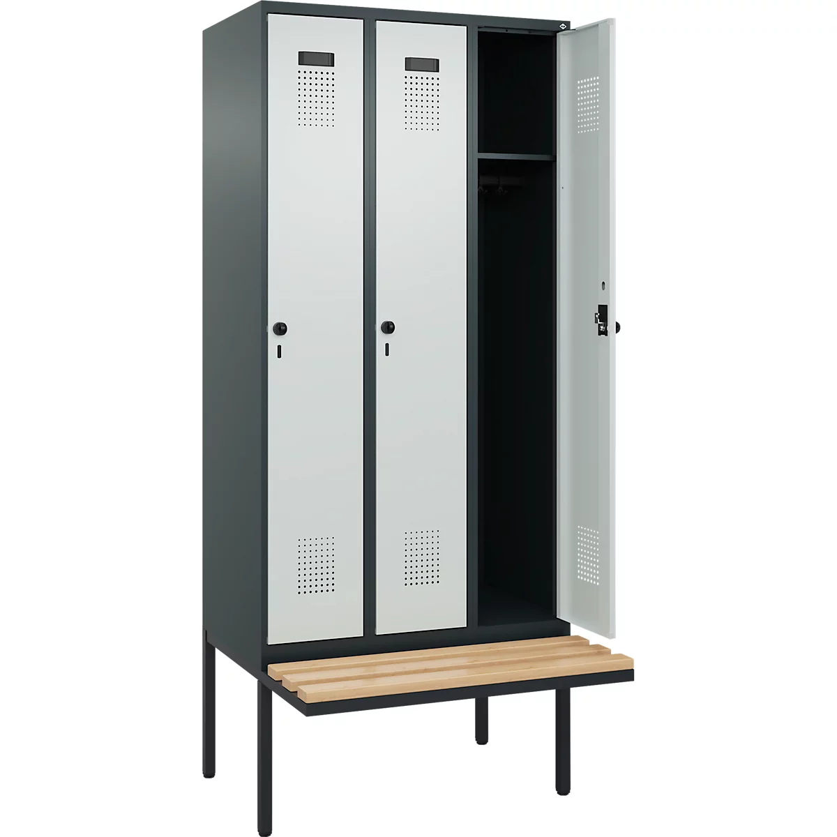 Vestiaire C+P Evolo Plus, 3 compartiments de 300 mm de large, banquette flottante, L 900 x P 815 x H 2120 mm, loquet rotatif, anthracite/gris clair