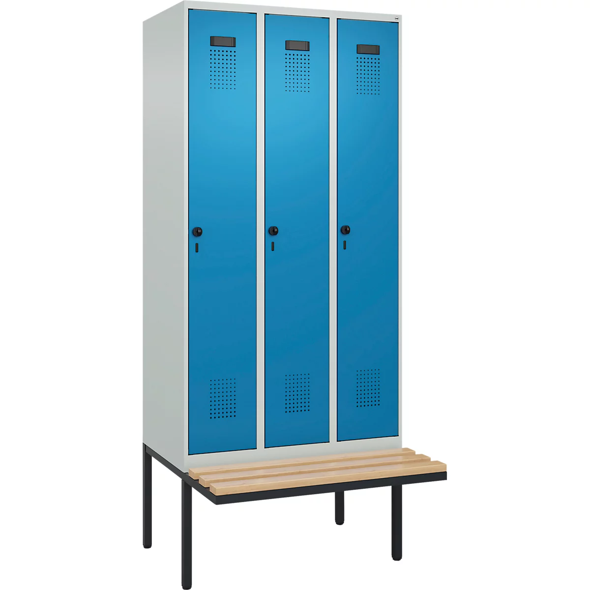 Vestiaire C+P Evolo Plus, 3 compartiments de 300 mm de large, banquette flottante, L 900 x P 815 x H 2120 mm, loquet rotatif, gris clair/bleu clair