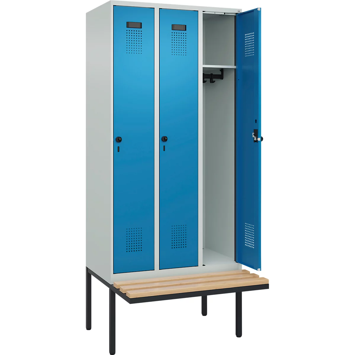 Vestiaire C+P Evolo Plus, 3 compartiments de 300 mm de large, banquette flottante, L 900 x P 815 x H 2120 mm, loquet rotatif, gris clair/bleu clair