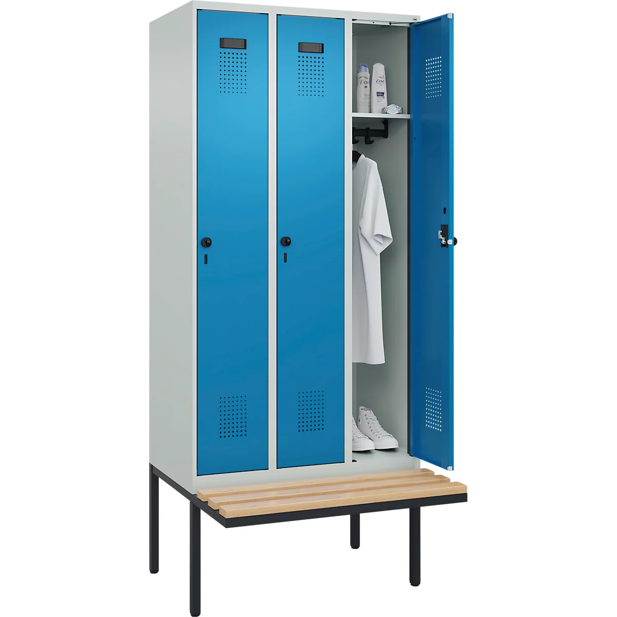 Vestiaire C+P Evolo Plus, 3 compartiments de 300 mm de large, banquette flottante, L 900 x P 815 x H 2120 mm, loquet rotatif, gris clair/bleu clair