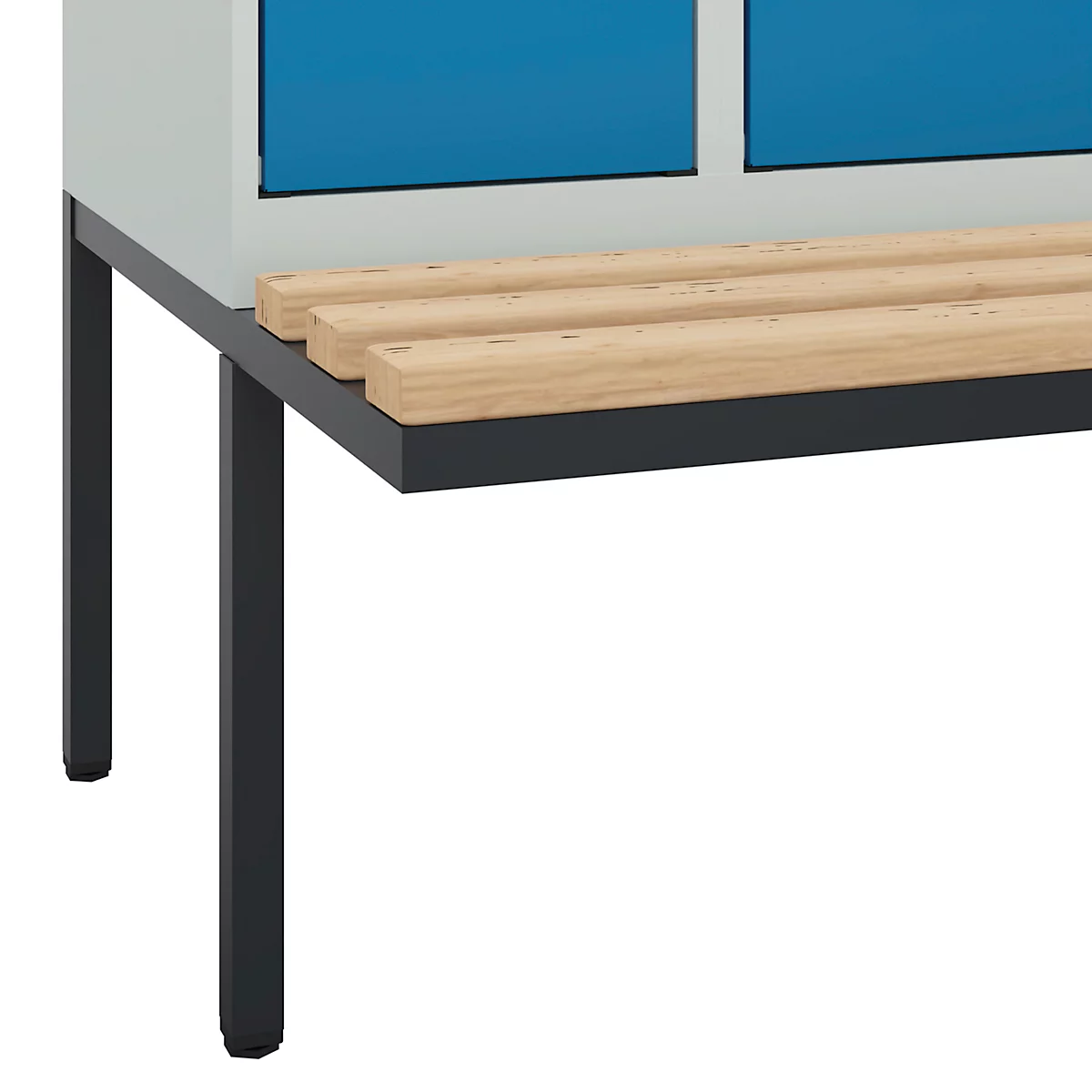 Vestiaire C+P Evolo Plus, 3 compartiments de 300 mm de large, banquette flottante, L 900 x P 815 x H 2120 mm, loquet rotatif, gris clair/bleu clair