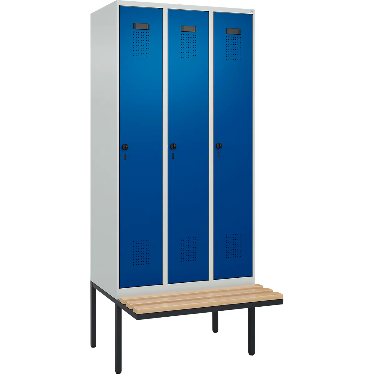Vestiaire C+P Evolo Plus, 3 compartiments de 300 mm de large, banquette flottante, L 900 x P 815 x H 2120 mm, loquet rotatif, gris clair/bleu gentiane