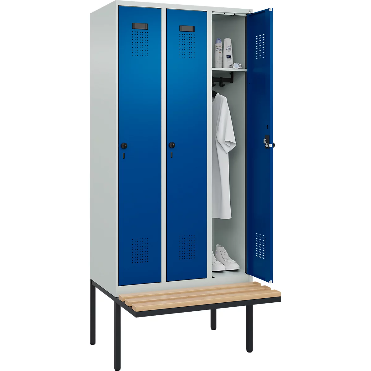 Vestiaire C+P Evolo Plus, 3 compartiments de 300 mm de large, banquette flottante, L 900 x P 815 x H 2120 mm, loquet rotatif, gris clair/bleu gentiane