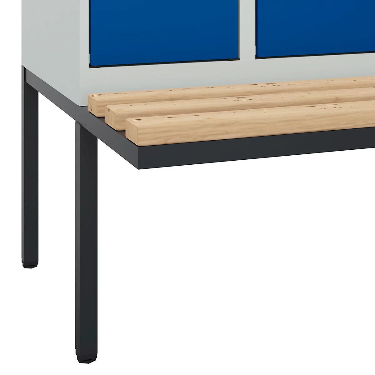 Vestiaire C+P Evolo Plus, 3 compartiments de 300 mm de large, banquette flottante, L 900 x P 815 x H 2120 mm, loquet rotatif, gris clair/bleu gentiane