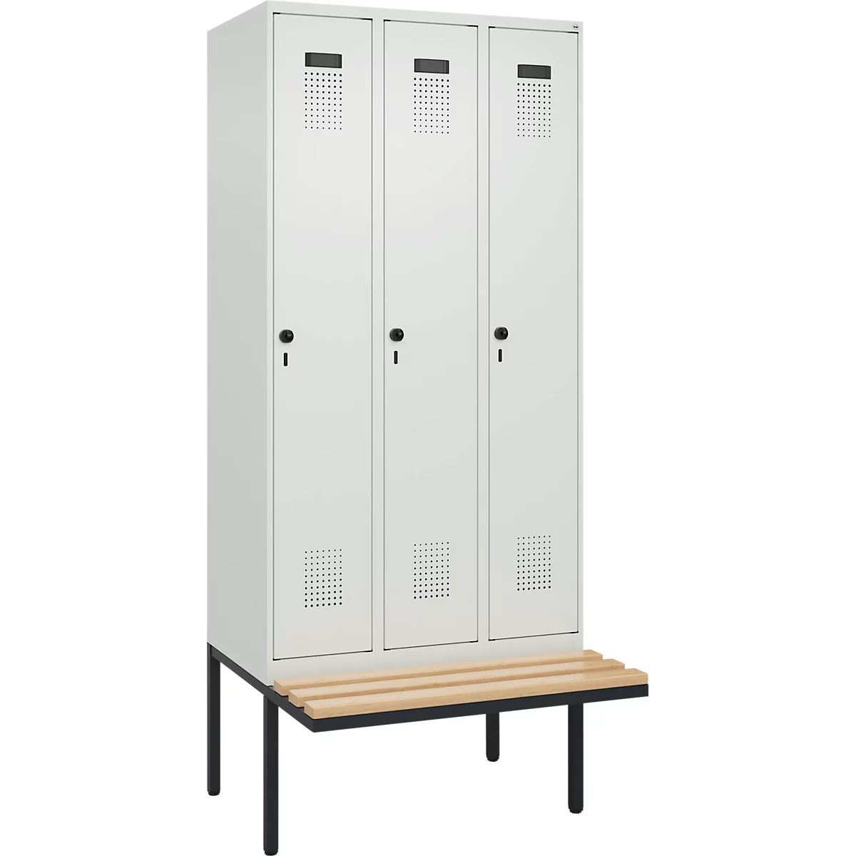 Vestiaire C+P Evolo Plus, 3 compartiments de 300 mm de large, banquette flottante, L 900 x P 815 x H 2120 mm, loquet rotatif, gris clair/gris clair