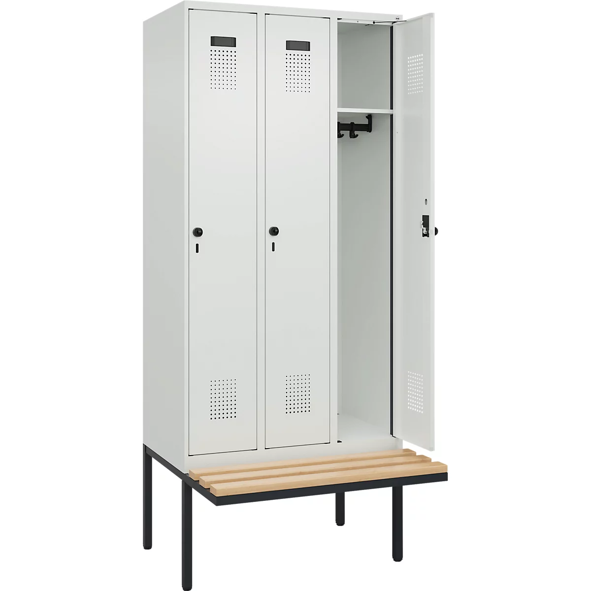 Vestiaire C+P Evolo Plus, 3 compartiments de 300 mm de large, banquette flottante, L 900 x P 815 x H 2120 mm, loquet rotatif, gris clair/gris clair