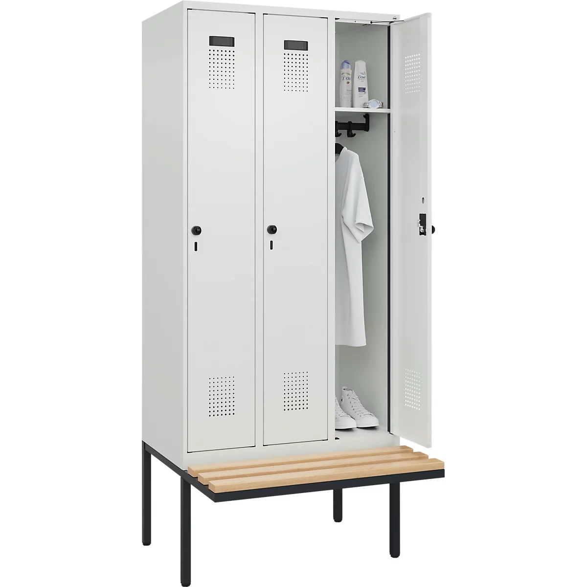 Vestiaire C+P Evolo Plus, 3 compartiments de 300 mm de large, banquette flottante, L 900 x P 815 x H 2120 mm, loquet rotatif, gris clair/gris clair