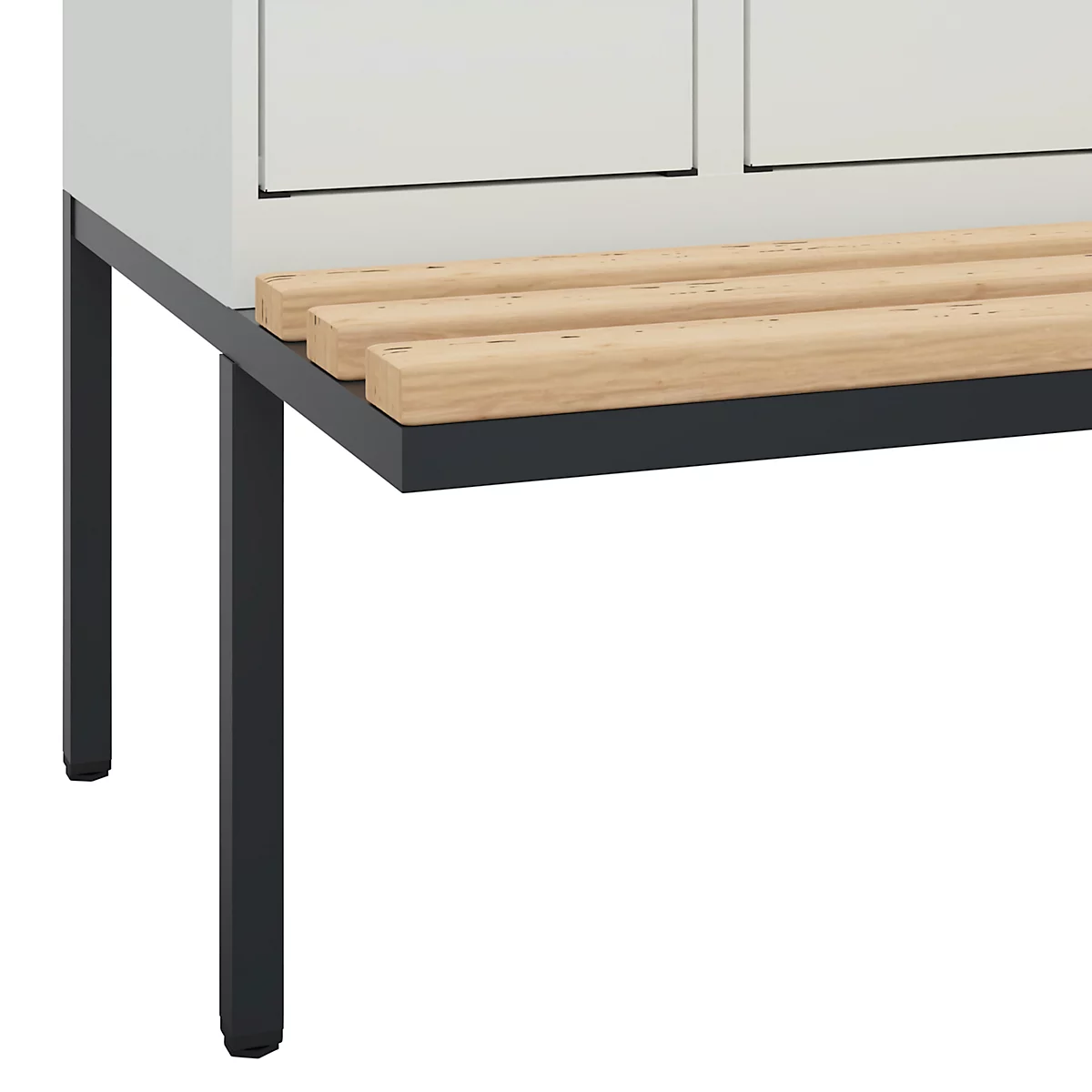 Vestiaire C+P Evolo Plus, 3 compartiments de 300 mm de large, banquette flottante, L 900 x P 815 x H 2120 mm, loquet rotatif, gris clair/gris clair