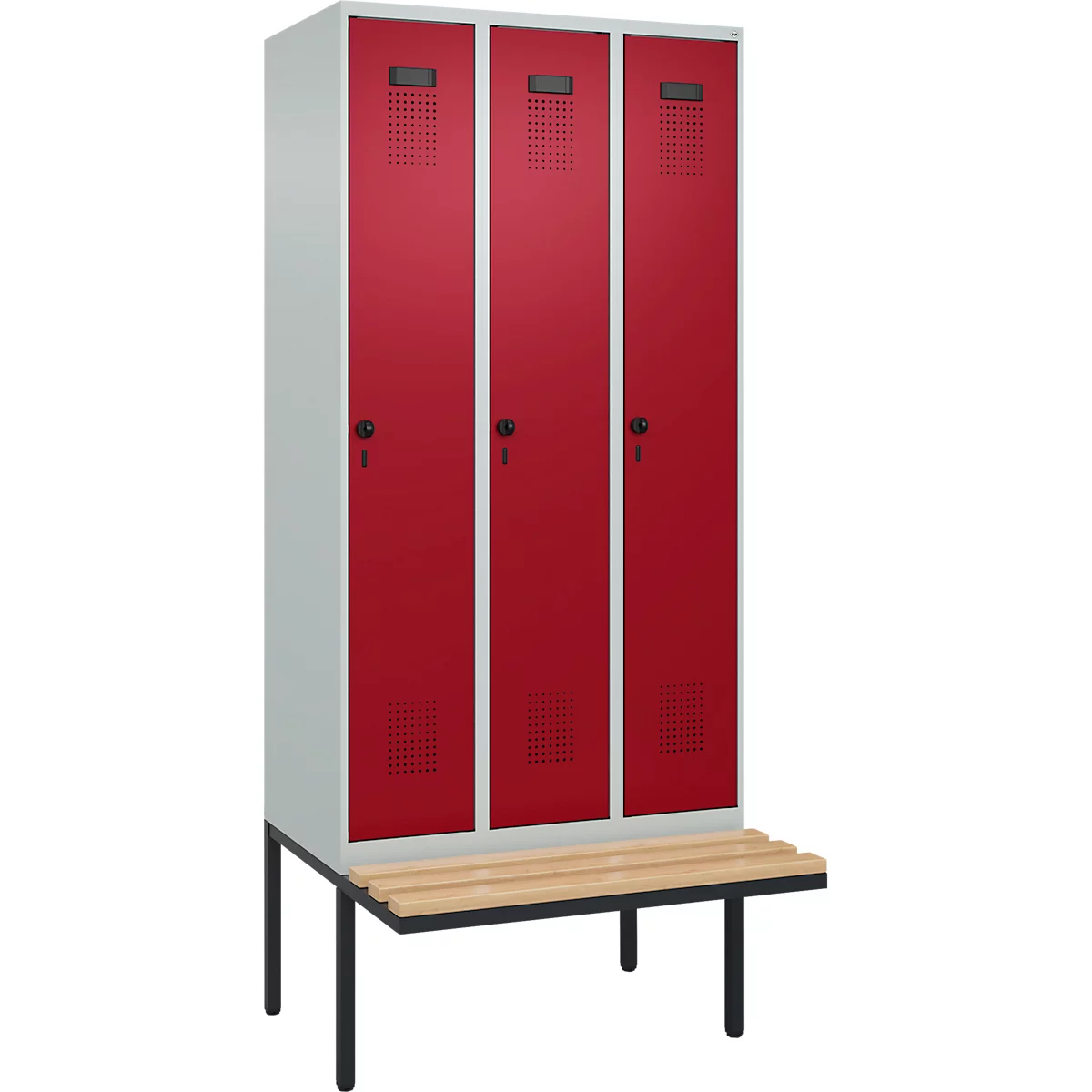 Vestiaire C+P Evolo Plus, 3 compartiments de 300 mm de large, banquette flottante, L 900 x P 815 x H 2120 mm, loquet rotatif, gris clair/rouge rubis