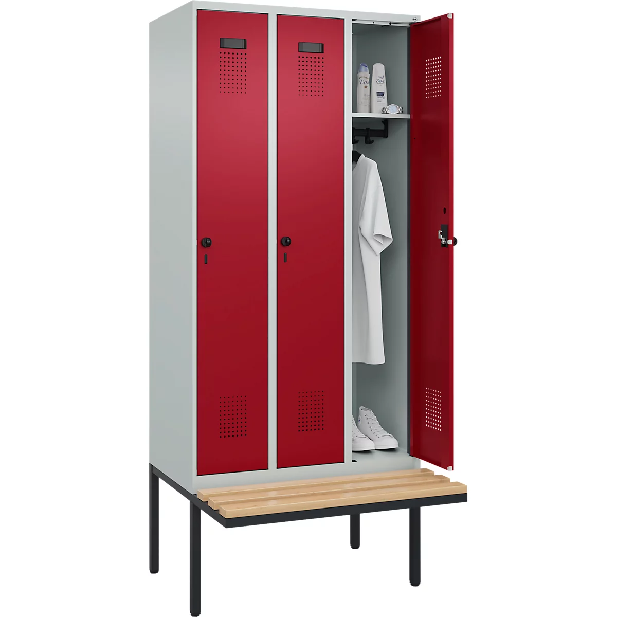 Vestiaire C+P Evolo Plus, 3 compartiments de 300 mm de large, banquette flottante, L 900 x P 815 x H 2120 mm, loquet rotatif, gris clair/rouge rubis