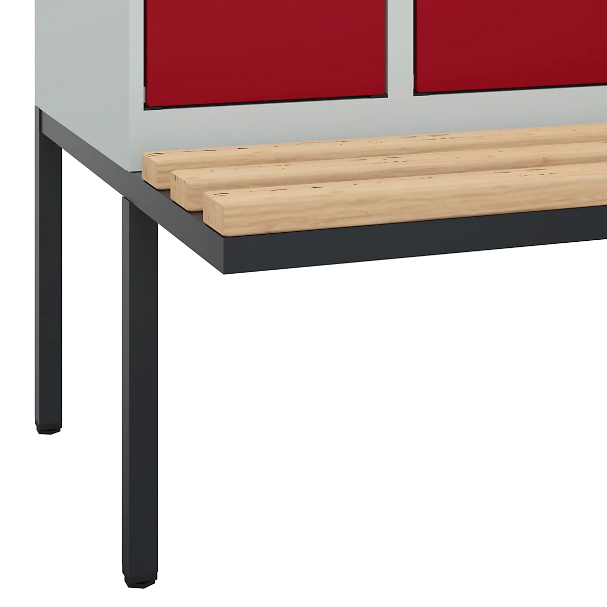 Vestiaire C+P Evolo Plus, 3 compartiments de 300 mm de large, banquette flottante, L 900 x P 815 x H 2120 mm, loquet rotatif, gris clair/rouge rubis