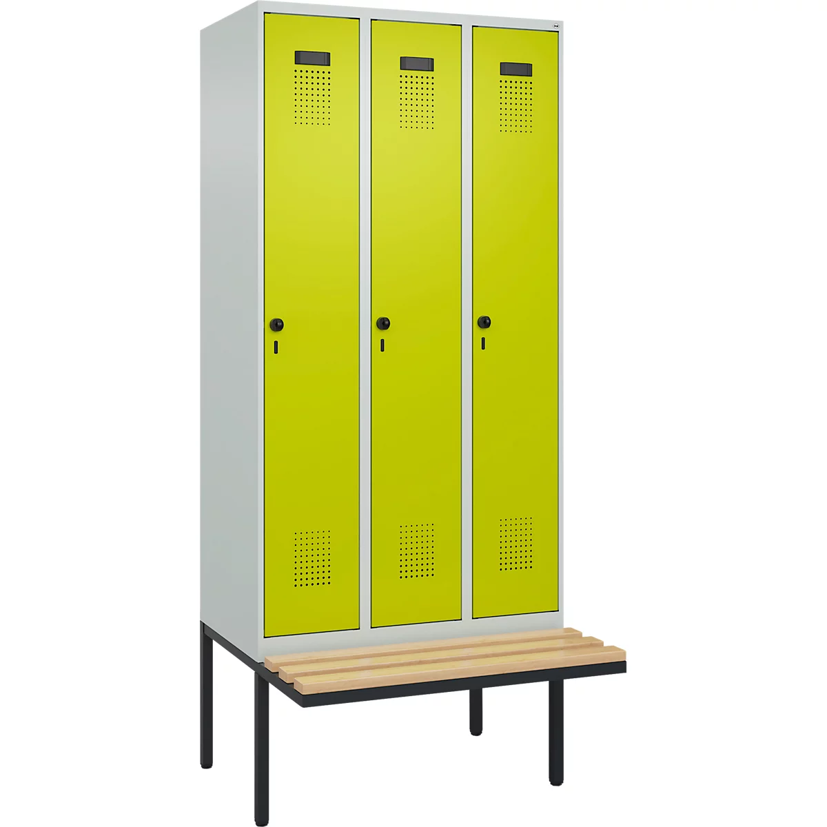 Vestiaire C+P Evolo Plus, 3 compartiments de 300 mm de large, banquette flottante, L 900 x P 815 x H 2120 mm, loquet rotatif, gris clair/vert cloné