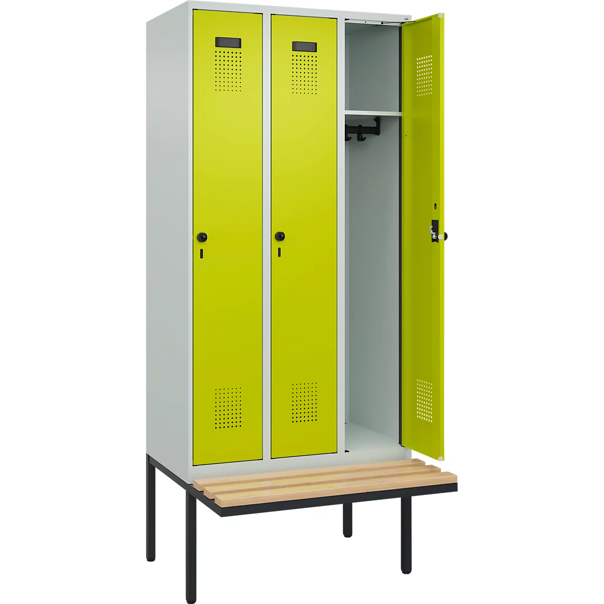 Vestiaire C+P Evolo Plus, 3 compartiments de 300 mm de large, banquette flottante, L 900 x P 815 x H 2120 mm, loquet rotatif, gris clair/vert cloné