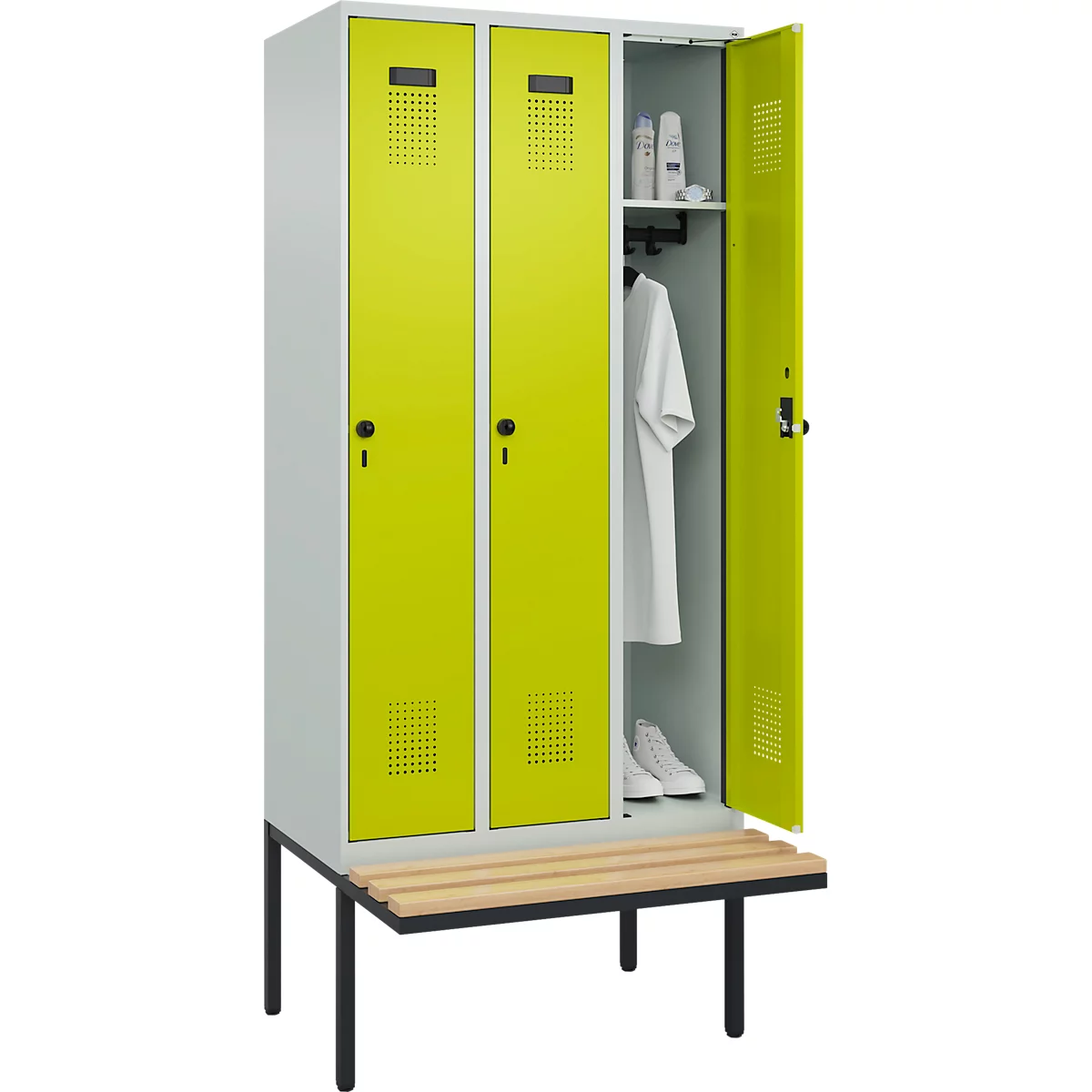 Vestiaire C+P Evolo Plus, 3 compartiments de 300 mm de large, banquette flottante, L 900 x P 815 x H 2120 mm, loquet rotatif, gris clair/vert cloné