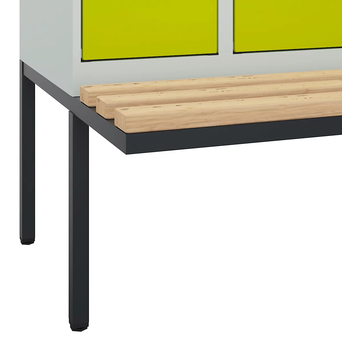 Vestiaire C+P Evolo Plus, 3 compartiments de 300 mm de large, banquette flottante, L 900 x P 815 x H 2120 mm, loquet rotatif, gris clair/vert cloné