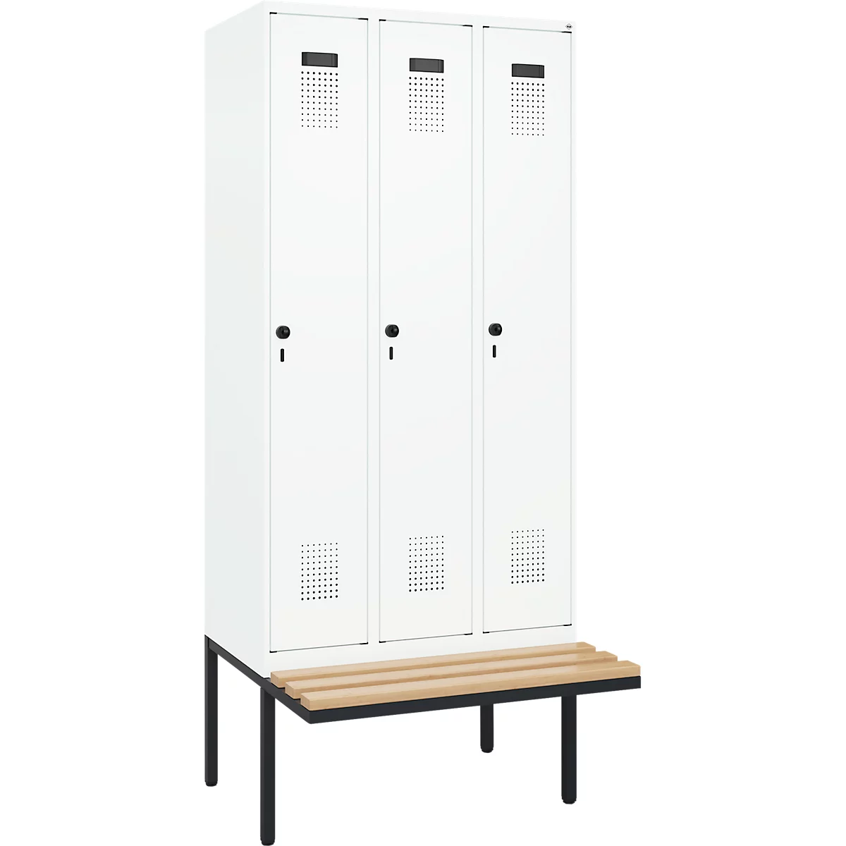 Vestiaire C+P Evolo Plus, 3 compartiments de 300 mm de large, banquette flottante, L 900 x P 815 x H 2120 mm, verrou rotatif, blanc signalisation/blanc trafic