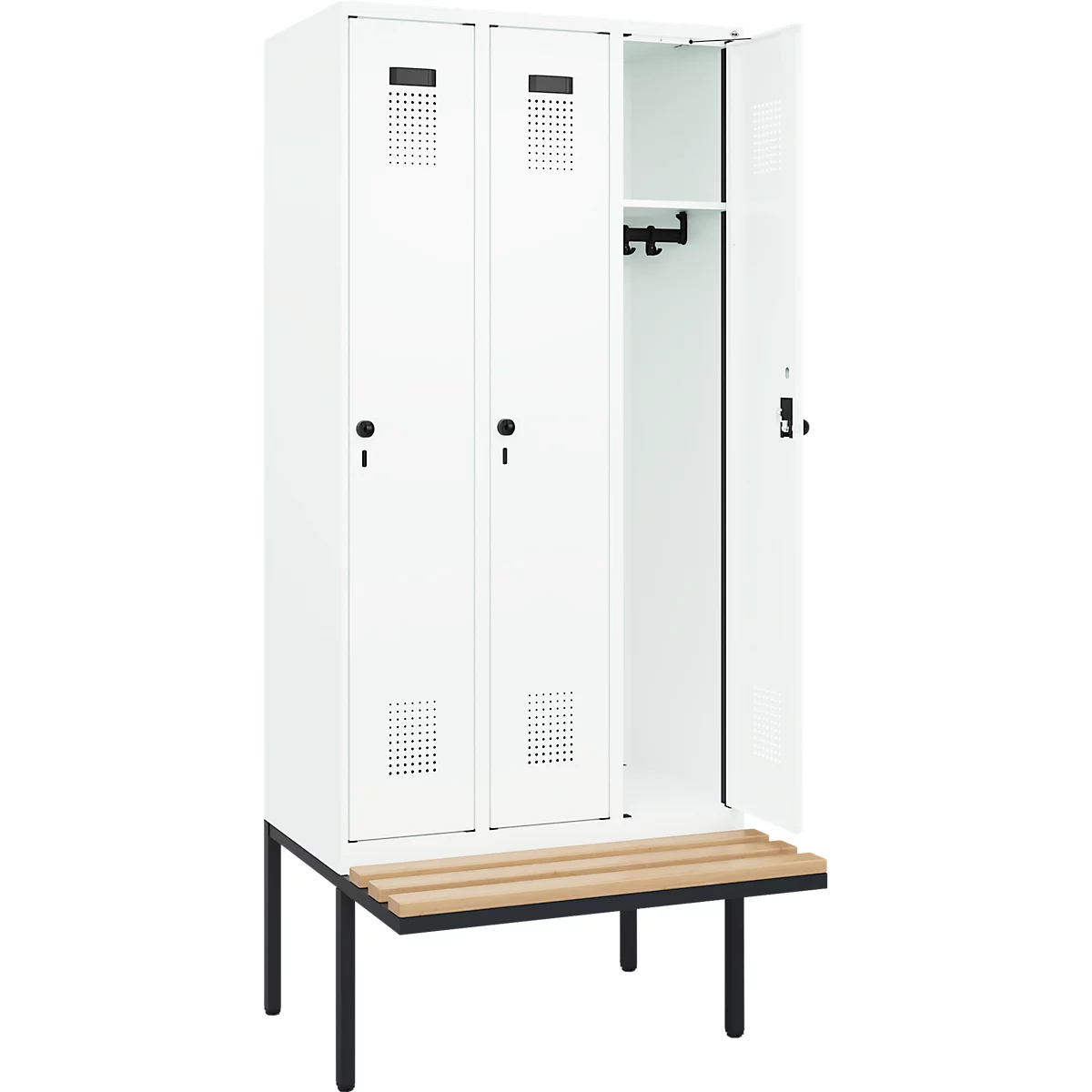 Vestiaire C+P Evolo Plus, 3 compartiments de 300 mm de large, banquette flottante, L 900 x P 815 x H 2120 mm, verrou rotatif, blanc signalisation/blanc trafic