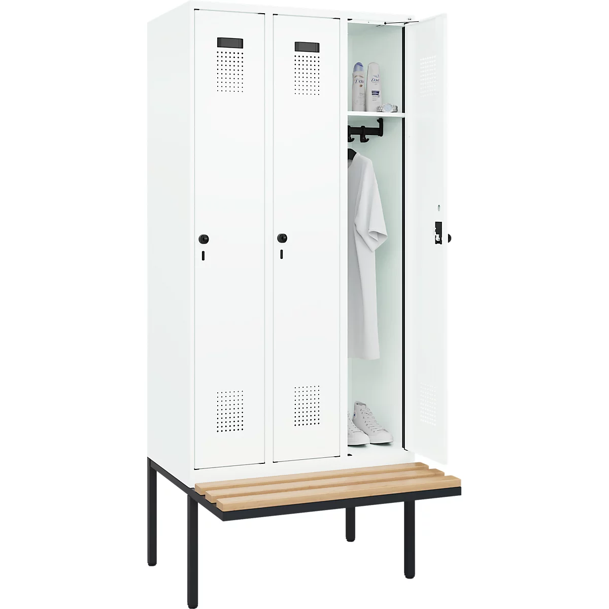 Vestiaire C+P Evolo Plus, 3 compartiments de 300 mm de large, banquette flottante, L 900 x P 815 x H 2120 mm, verrou rotatif, blanc signalisation/blanc trafic
