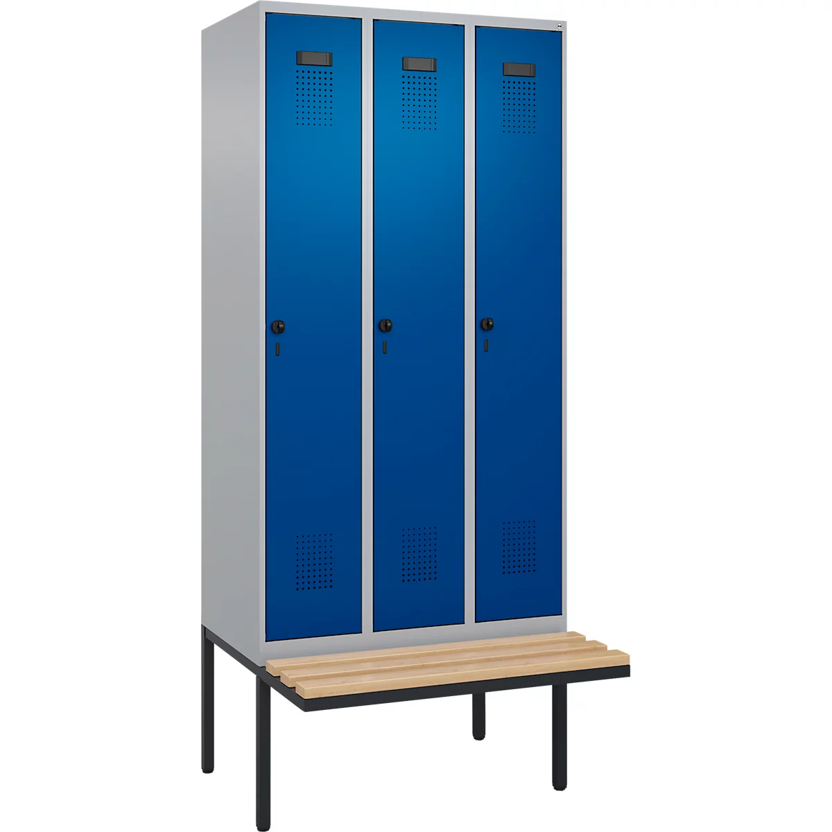 Vestiaire C+P Evolo Plus, 3 compartiments de 300 mm de large, banquette flottante, L 900 x P 815 x H 2120 mm, verrou tournant, aluminium blanc/bleu gentiane