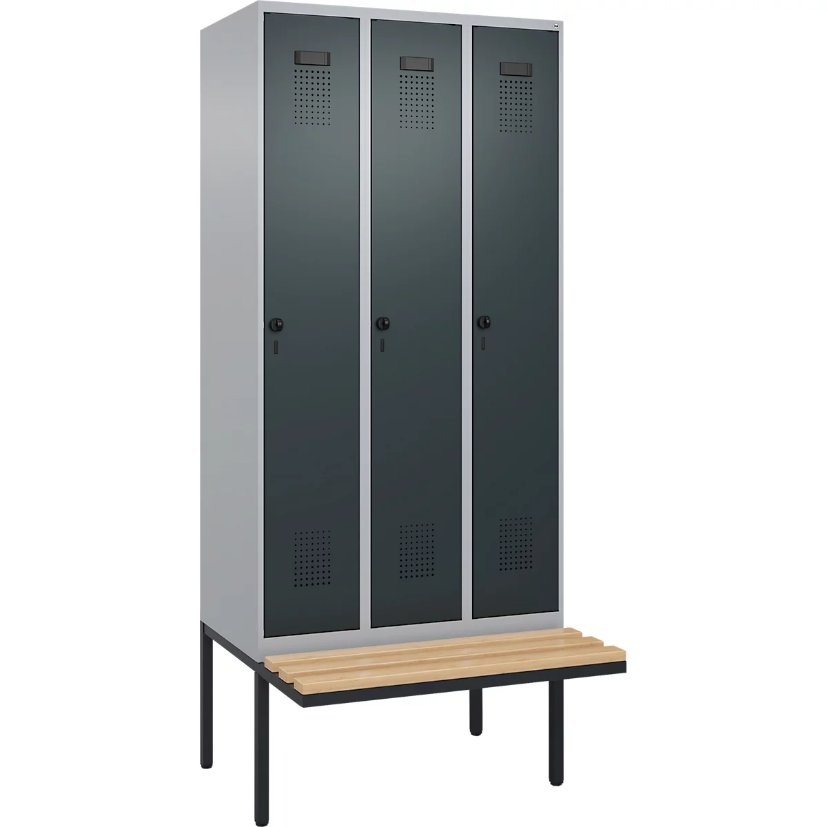 Vestiaire C+P Evolo Plus, 3 compartiments de 300 mm de large, banquette flottante, L 900 x P 815 x H 2120 mm, verrou tournant, aluminium blanc/gris anthracite