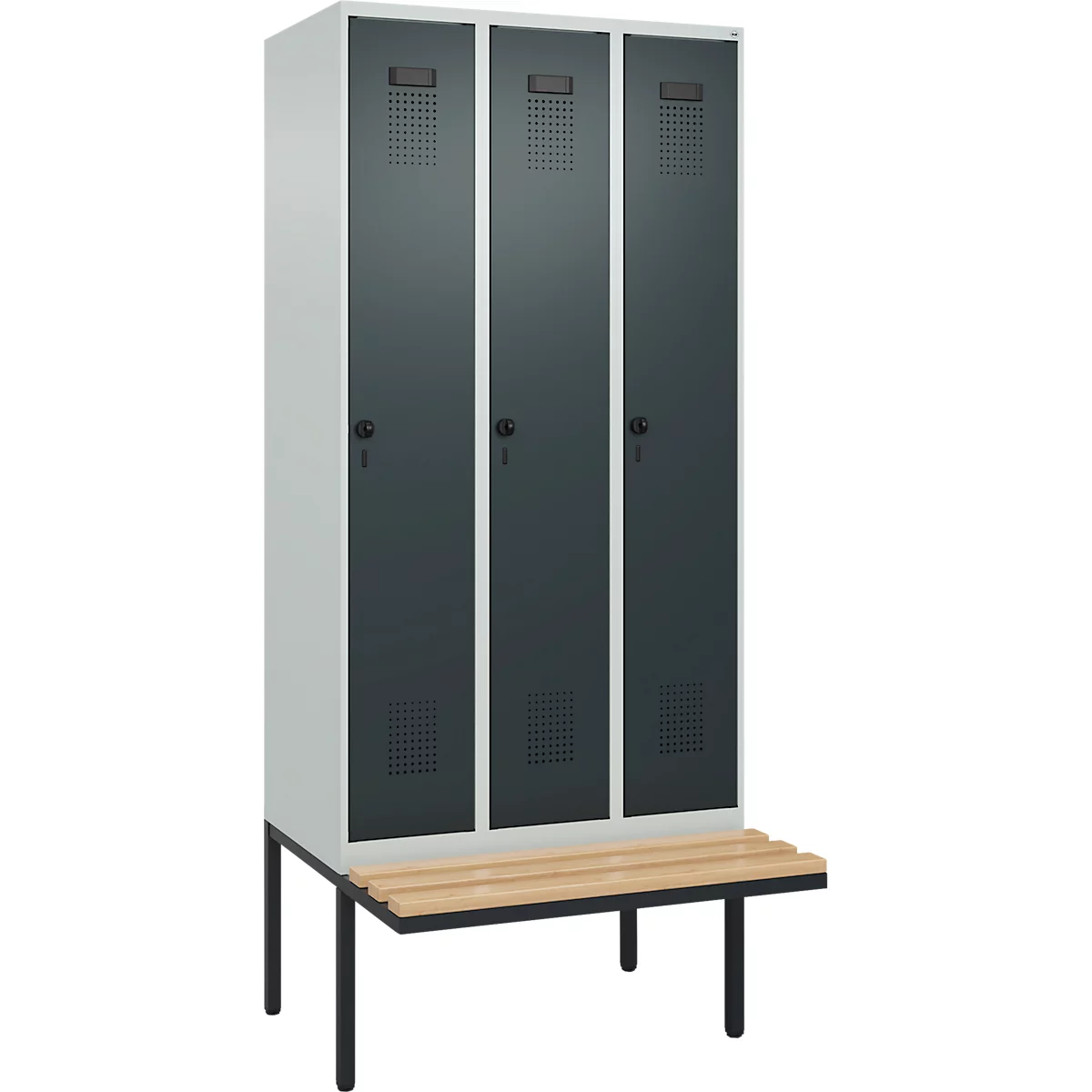 Vestiaire C+P Evolo Plus, 3 compartiments de 300 mm de large, banquette flottante, L 900 x P 815 x H 2120 mm, verrou tournant, gris clair/anthracite