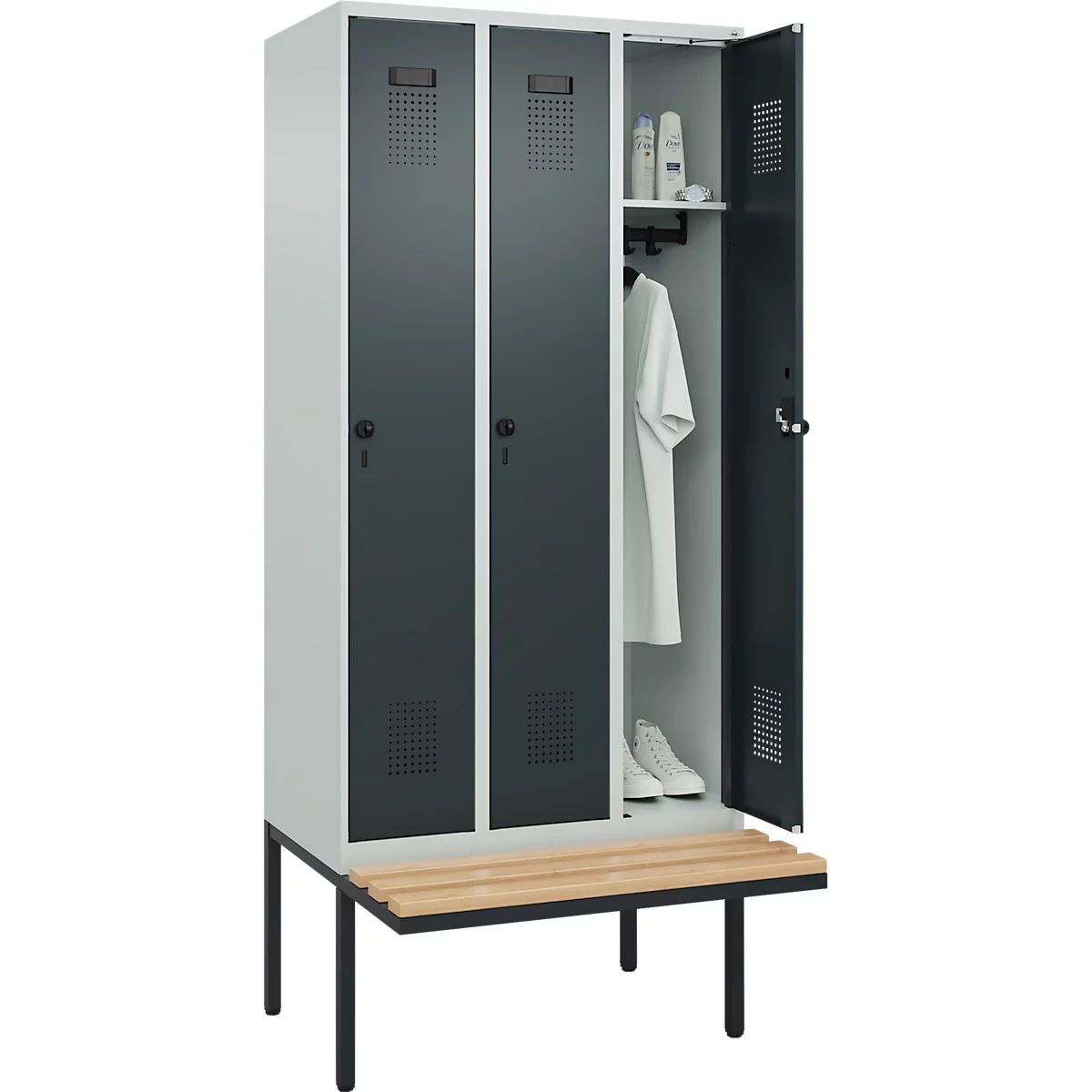 Vestiaire C+P Evolo Plus, 3 compartiments de 300 mm de large, banquette flottante, L 900 x P 815 x H 2120 mm, verrou tournant, gris clair/anthracite