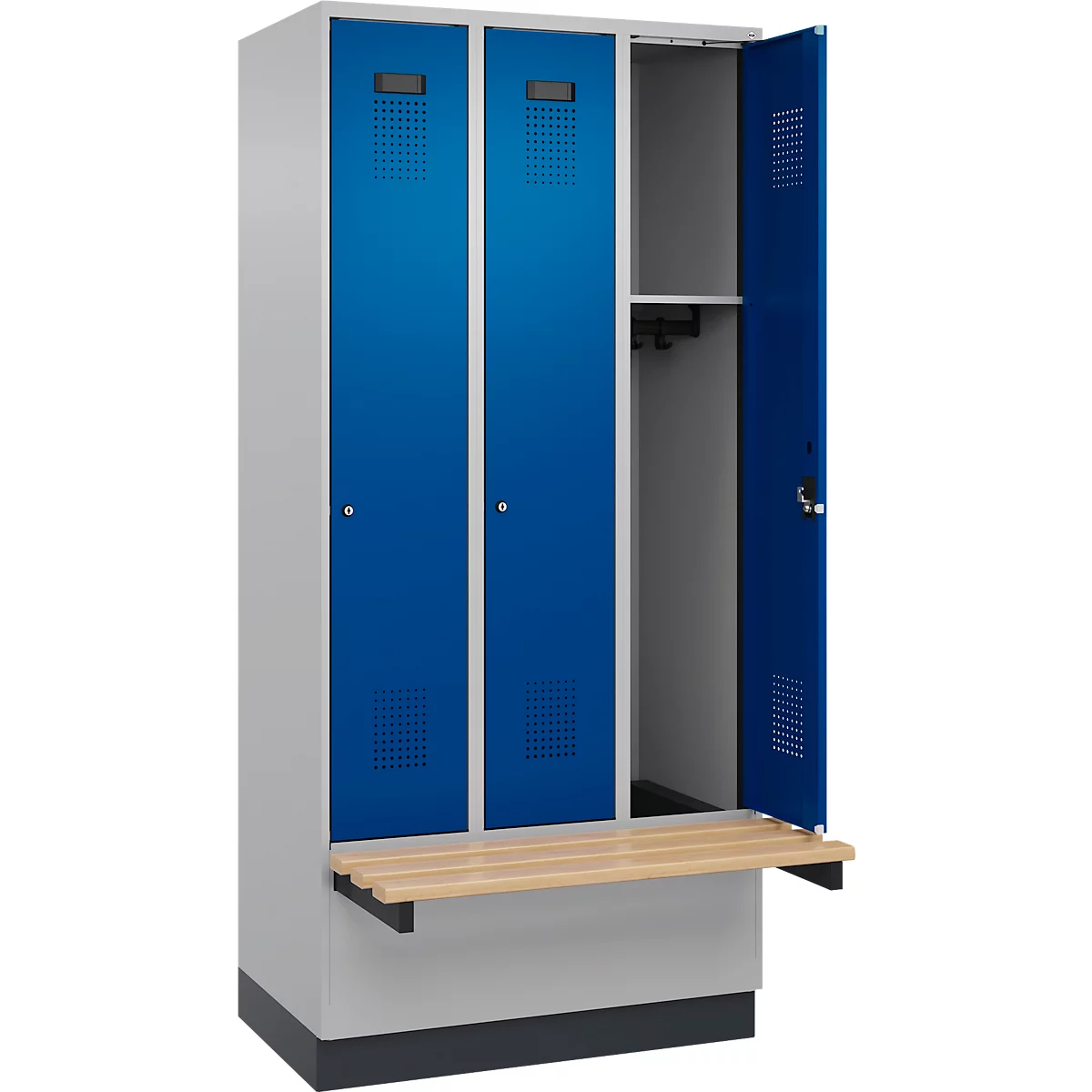 Vestiaire C+P Evolo Plus, 3 compartiments de 300 mm de large, socle, banc flottant, L 900 x P 815 x H 1950 mm, cylindre, aluminium blanc/bleu gentiane