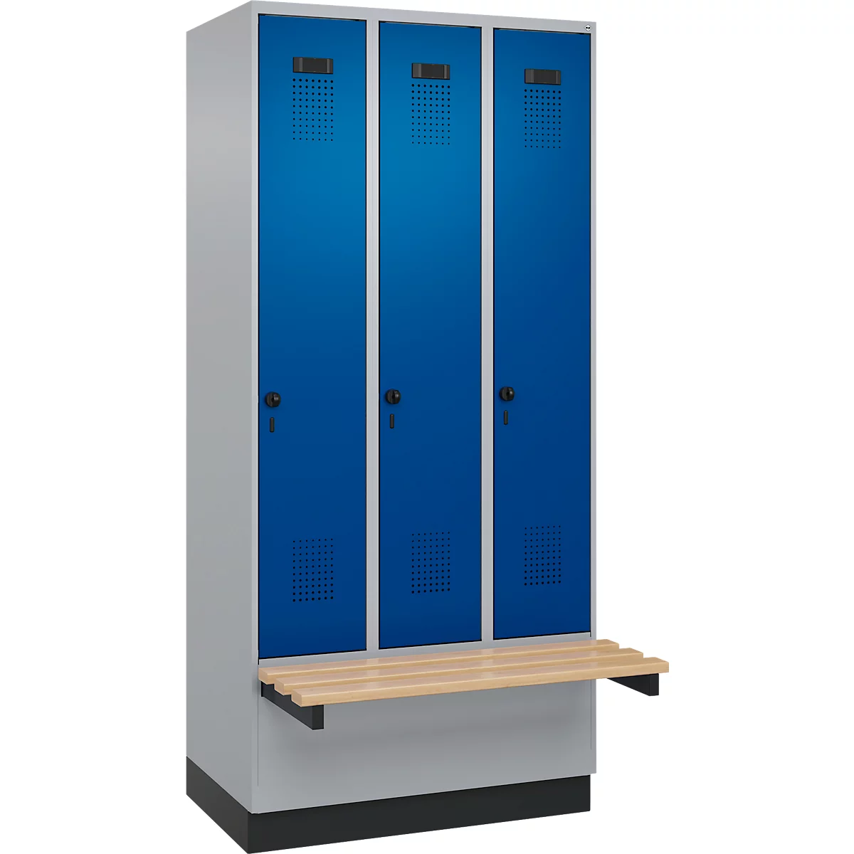 Vestiaire C+P Evolo Plus, 3 compartiments de 300 mm de large, socle, banc flottant, L 900 x P 815 x H 1950 mm, loquet rotatif, aluminium blanc/bleu gentiane