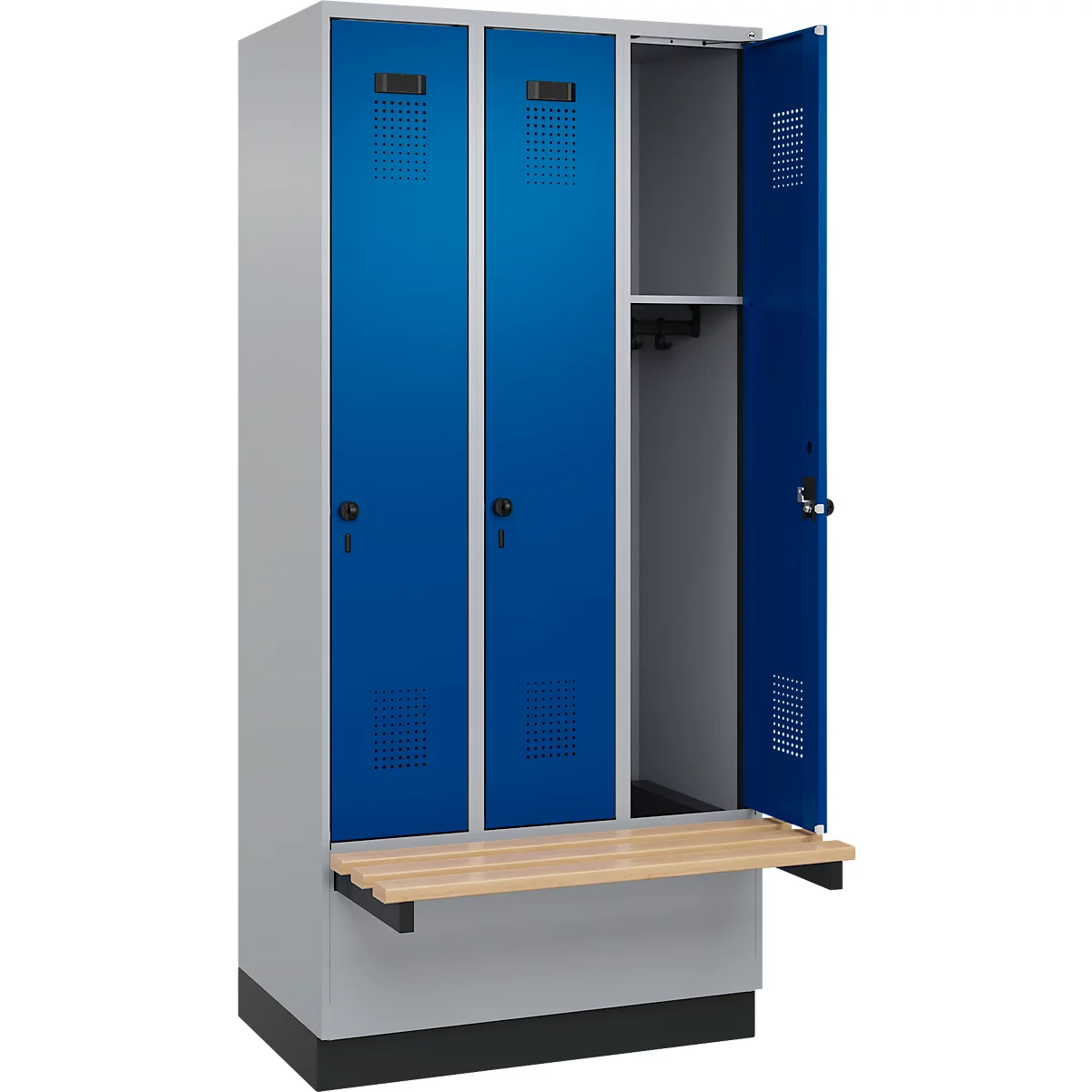 Vestiaire C+P Evolo Plus, 3 compartiments de 300 mm de large, socle, banc flottant, L 900 x P 815 x H 1950 mm, loquet rotatif, aluminium blanc/bleu gentiane