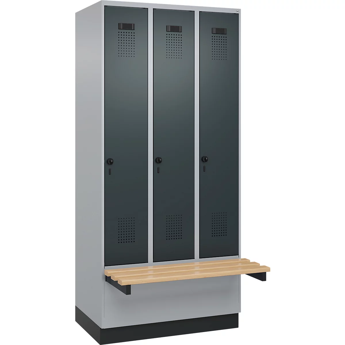 Vestiaire C+P Evolo Plus, 3 compartiments de 300 mm de large, socle, banc flottant, L 900 x P 815 x H 1950 mm, verrou rotatif, aluminium blanc/gris anthracite