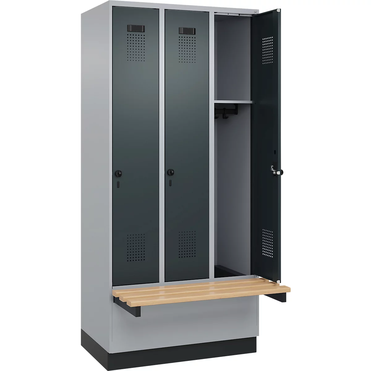 Vestiaire C+P Evolo Plus, 3 compartiments de 300 mm de large, socle, banc flottant, L 900 x P 815 x H 1950 mm, verrou rotatif, aluminium blanc/gris anthracite