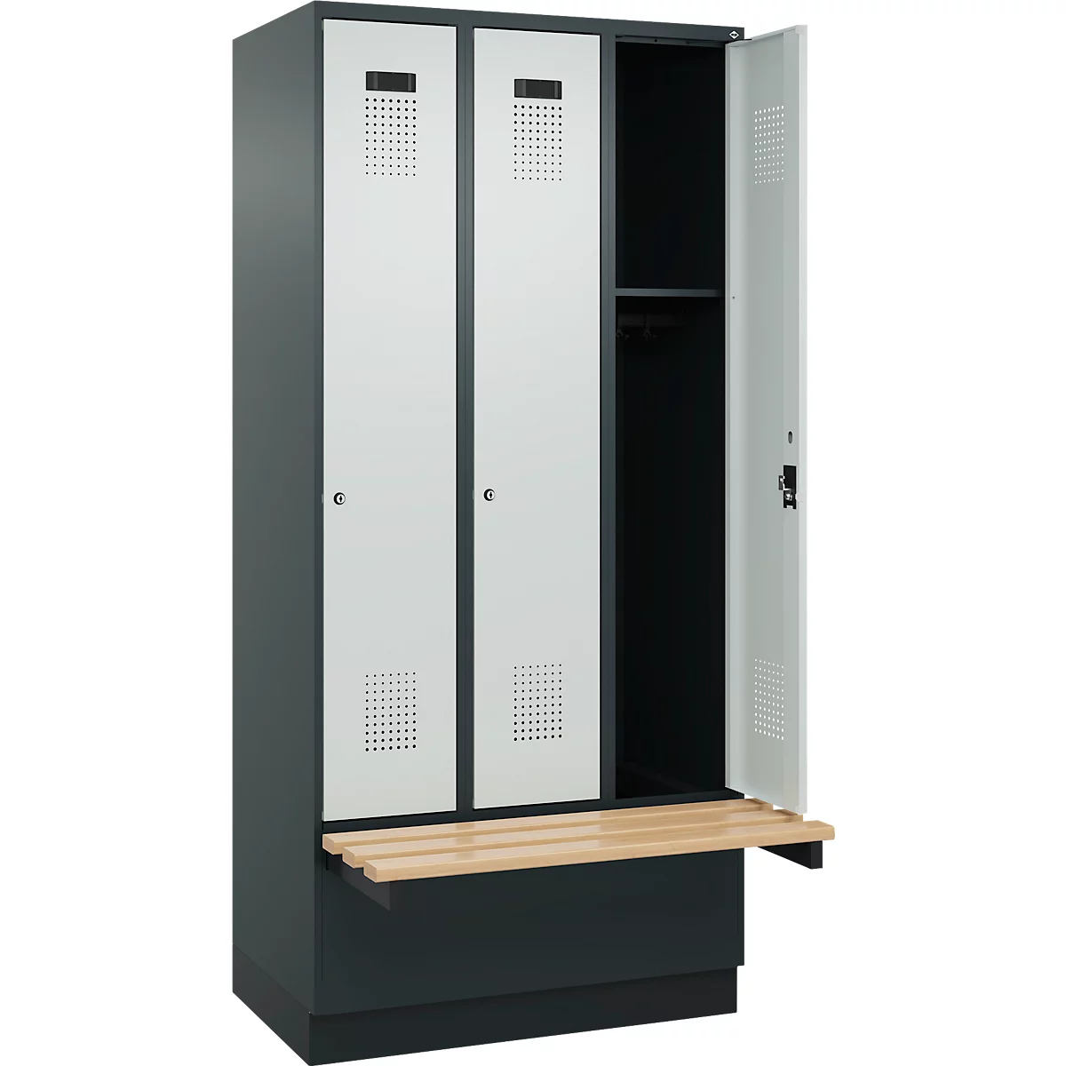 Vestiaire C+P Evolo Plus, 3 compartiments de 300 mm de large, socle, banquette flottante, L 900 x P 815 x H 1950 mm, cylindre, gris anthracite/gris clair
