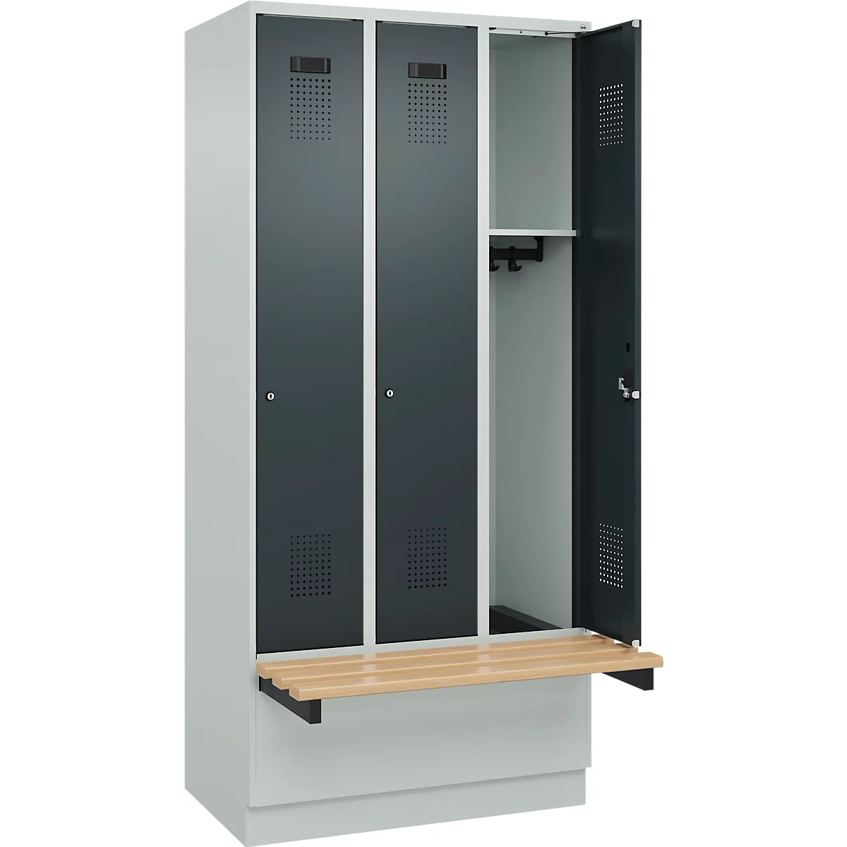 Vestiaire C+P Evolo Plus, 3 compartiments de 300 mm de large, socle, banquette flottante, L 900 x P 815 x H 1950 mm, cylindre, gris clair/gris anthracite