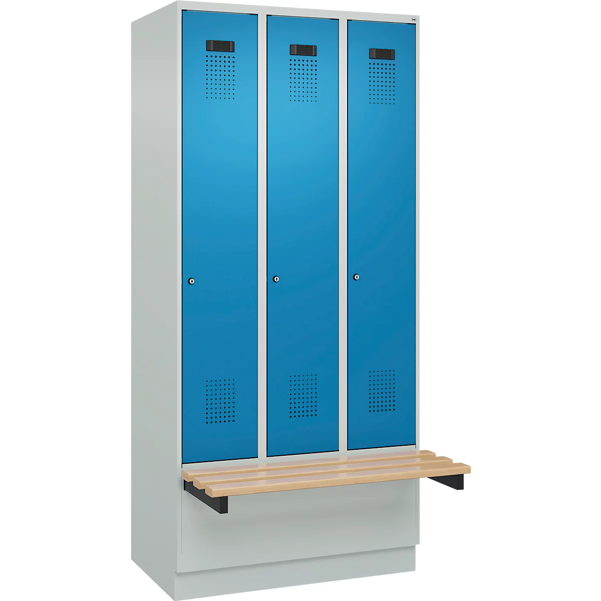 Vestiaire C+P Evolo Plus, 3 compartiments de 300 mm de large, socle, banquette flottante, L 900 x P 815 x H 1950 mm, cylindre, gris clair/gris clair