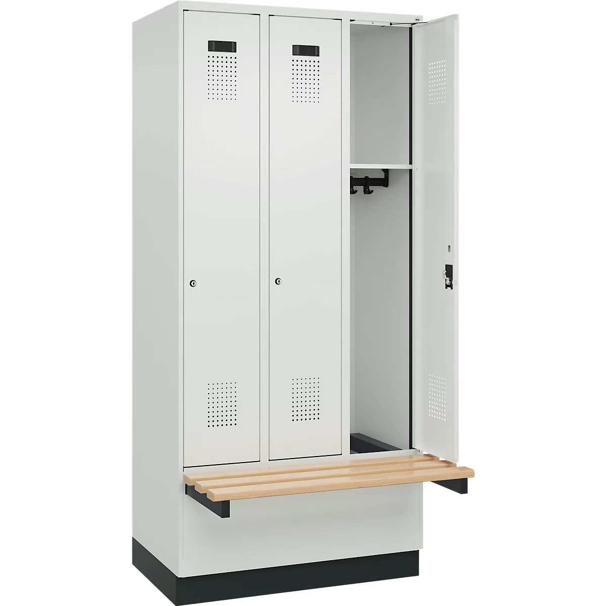Vestiaire C+P Evolo Plus, 3 compartiments de 300 mm de large, socle, banquette flottante, L 900 x P 815 x H 1950 mm, cylindre, gris clair/gris clair