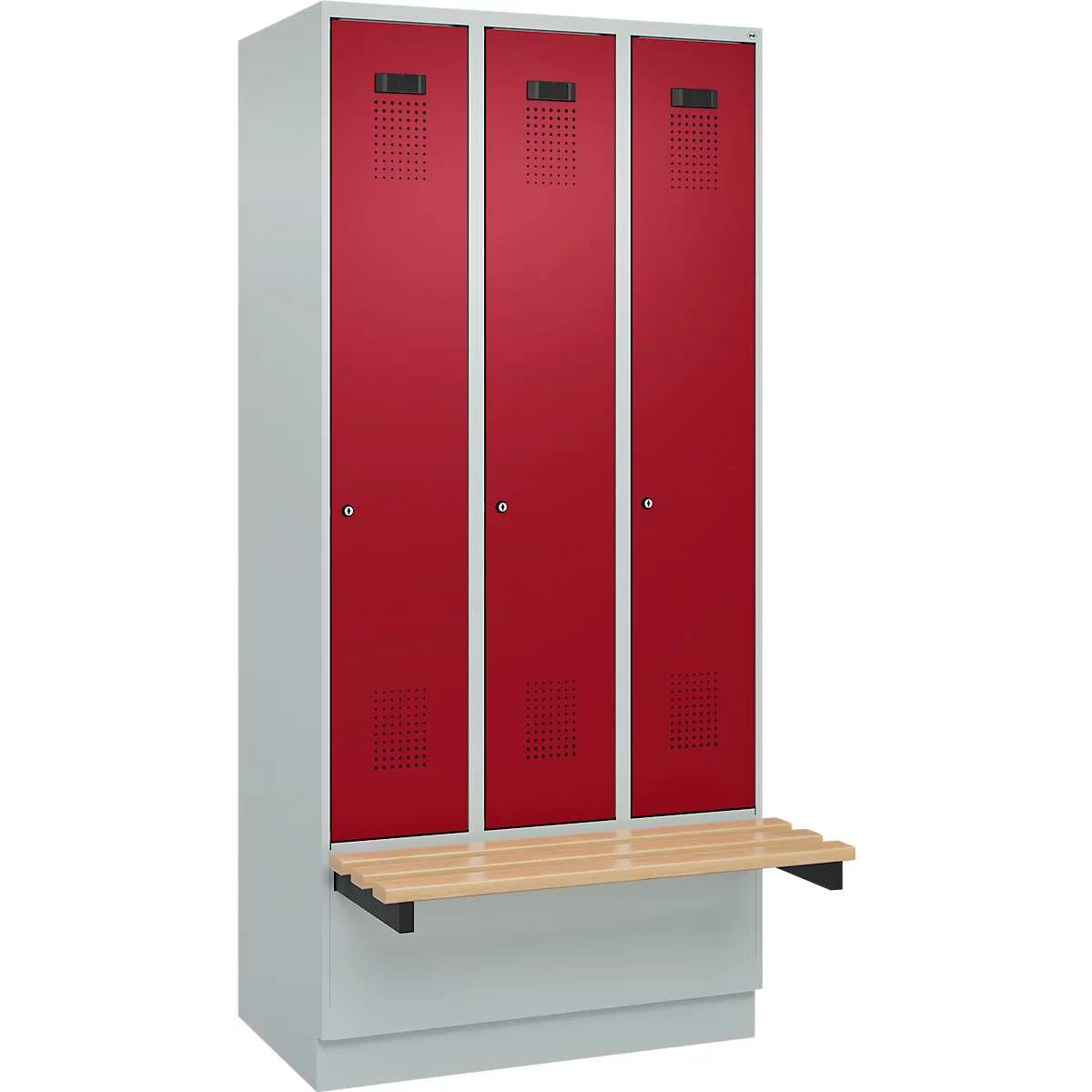 Vestiaire C+P Evolo Plus, 3 compartiments de 300 mm de large, socle, banquette flottante, L 900 x P 815 x H 1950 mm, cylindre, gris clair/rouge rubis