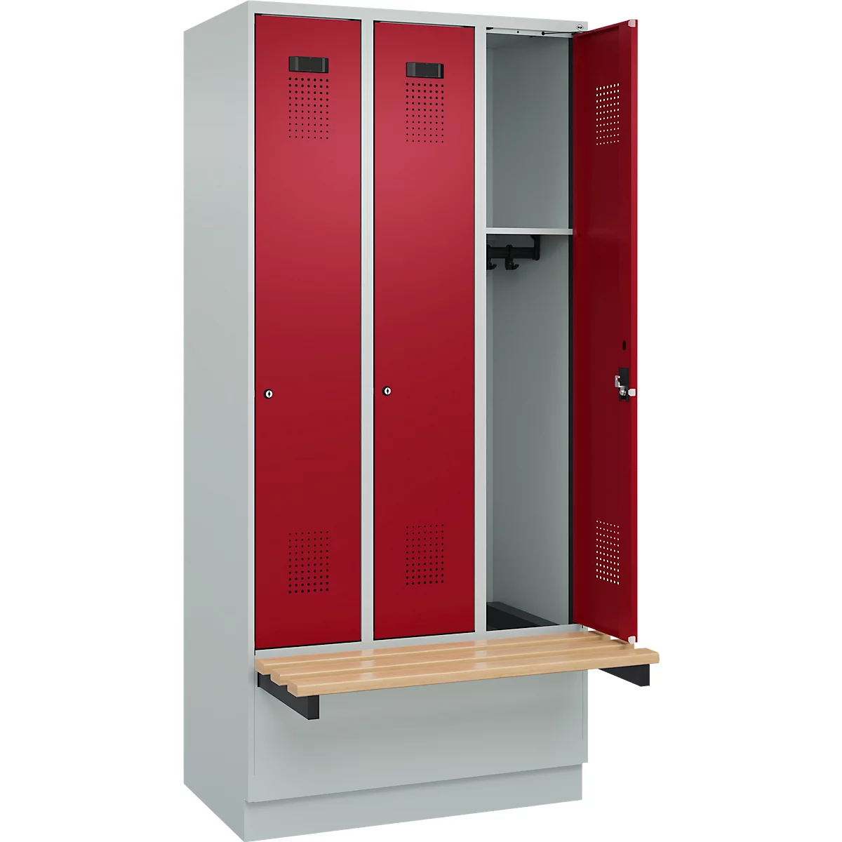Vestiaire C+P Evolo Plus, 3 compartiments de 300 mm de large, socle, banquette flottante, L 900 x P 815 x H 1950 mm, cylindre, gris clair/rouge rubis