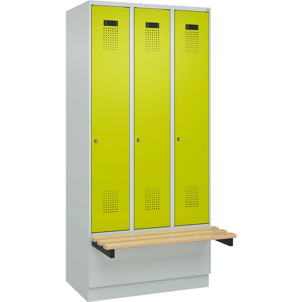 Vestiaire C+P Evolo Plus, 3 compartiments de 300 mm de large, socle, banquette flottante, L 900 x P 815 x H 1950 mm, cylindre, gris clair/vert clown